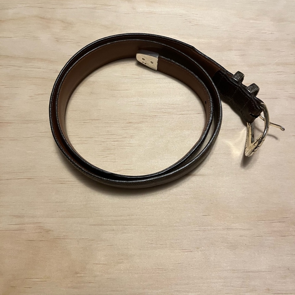 Bragano Brown Lizard Embossed Leather Belt Silver Buckle Made in Canada